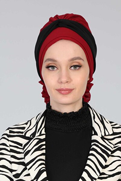 Ayşe Tasarım Double Color Design Chiffon Ready Turban,Ht-45,Burgundy - Black
