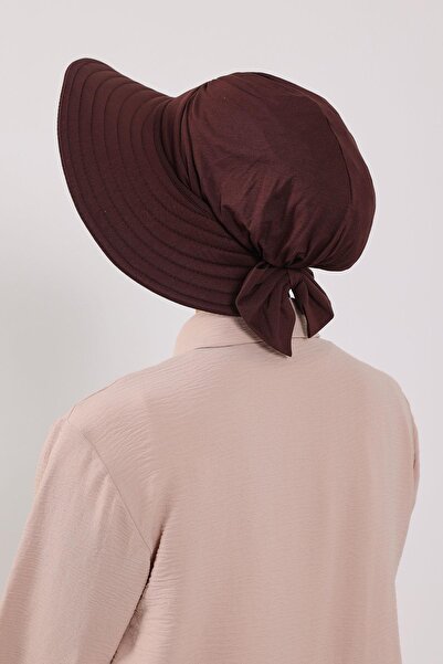 Aisha's Design Χτενισμένο βαμβακερό τουρμπάν με αποσπώμενο καπέλο με φιόγκο στην πλάτη, S-4, καφέ