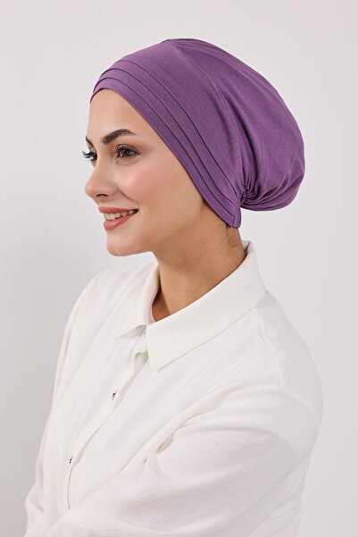 Aisha's Design Combed Cotton Bonnet Turban with Detachable Bow on the Back, S-4, Purple 2