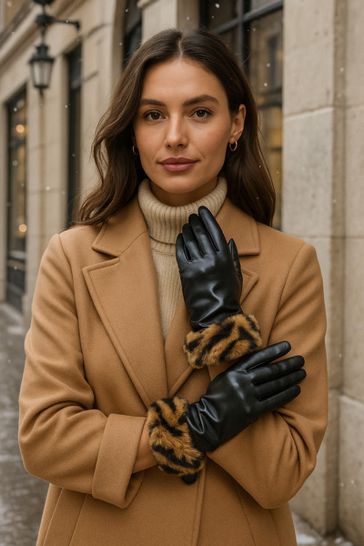 Luminos Butik Women's Black Leather Zebra Fur Detailed Gloves Eld26