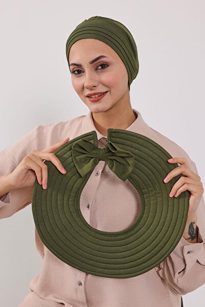 Aisha's Design Combed Cotton Bonnet Turban with Detachable Bow on the Back, S-4, Khaki