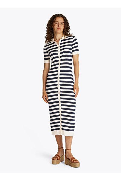 Tommy Hilfiger Yuvarlak Yaka Beyaz Midi Kadın Elbise WW0WW445290FC