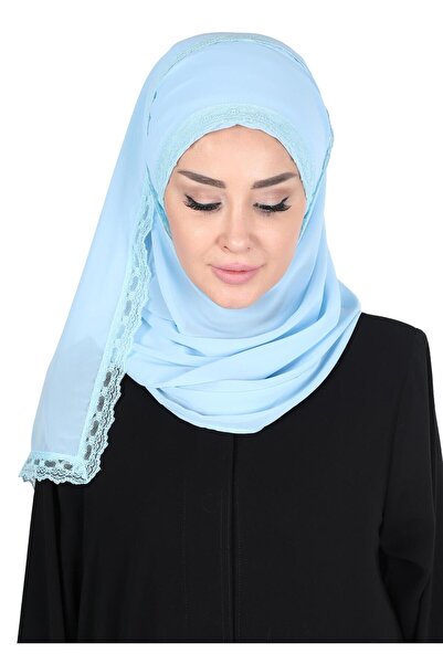 Ayşe Tasarım Practical Chiffon Shawl with Lace Edges, Cps-28, Baby Blue