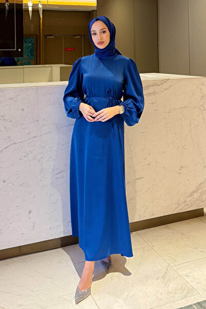 Tesettür Diyarı Satin Dress with Balloon Sleeve and Waist Tie Detail - Saks Blue