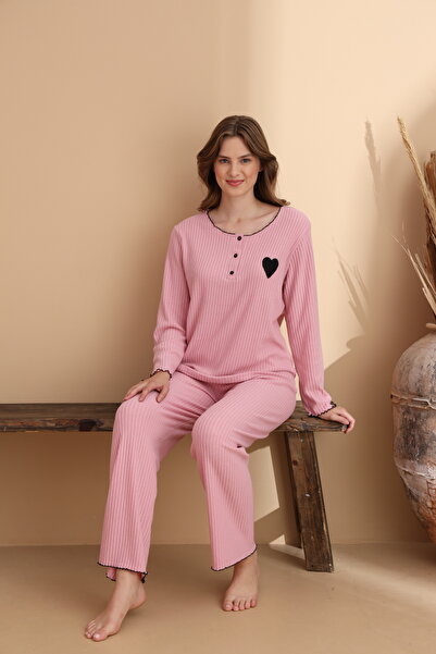 ELİTOL Pink Report Waffle Knitted Long Sleeve Women's Pajama Set