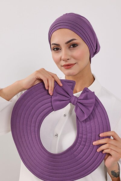 Aisha's Design Combed Cotton Bonnet Turban with Detachable Bow on the Back, S-4, Purple 2