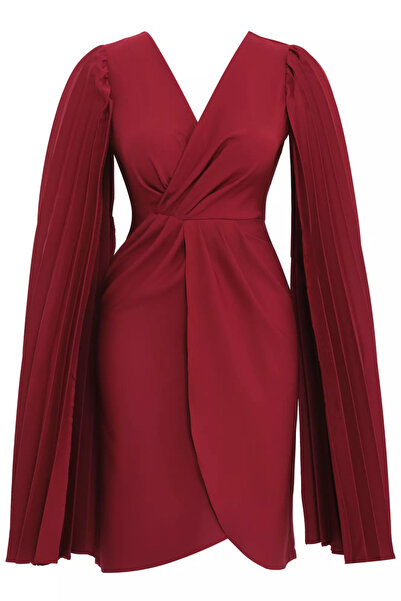 Keikei Bordo krep uzun kol orta boy elbise