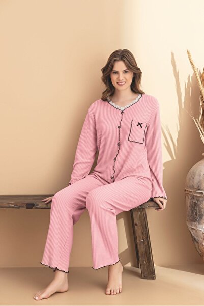 ELİTOL Pembe Raporlu Waffle Örme Uzun Kol Kadın Düğmeli Pijama Takımı