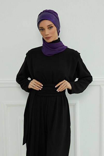 Ayşe Tasarım Chiffon Ready-To-Wear Turban with Scarf and Sequin Accessories, Ht-54P, Purple - Purple