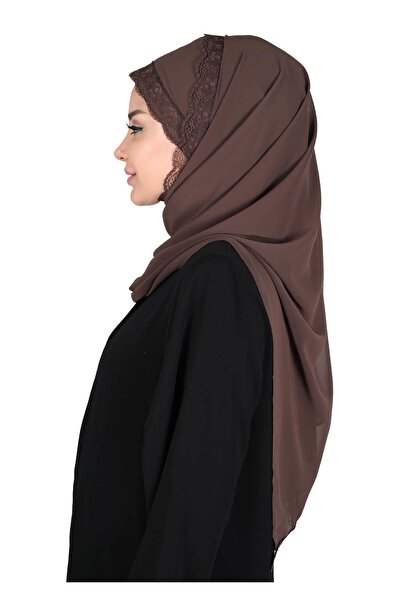 Ayşe Tasarım Practical Chiffon Shawl with Lace Edges, Cps-28, Brown