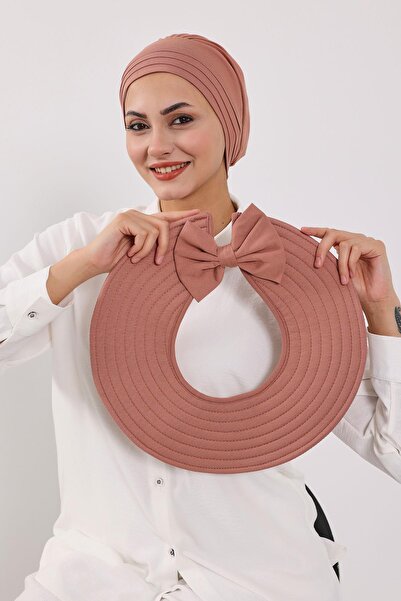 Aisha's Design Combed Cotton Bonnet Turban with Detachable Bow on the Back, S-4, Cappuccino
