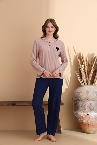 ELİTOL Kahve Raporlu Waffle Örme Uzun Kol Kadın Pijama Takımı