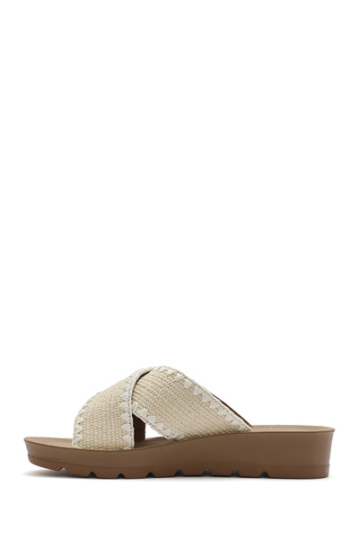 Derimod Women's Beige Thick Soled Straw Slippers 25Sfe4639M7