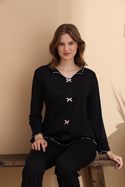 ELİTOL Σετ γυναικείες πιτζάμες μακρυμάνικο μαύρο Milan Soft Knitted Lycra