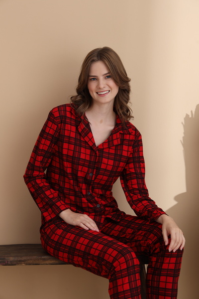 ELİTOL Set pijamale cu nasturi pentru femei, cu model în carouri, tricotat di...