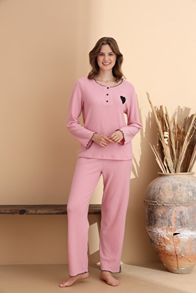 ELİTOL Pink Report Waffle Knitted Long Sleeve Women's Pajama Set