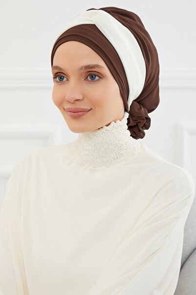Ayşe Tasarım Double Color Design Chiffon Ready Turban,Ht-45,Brown - Cream