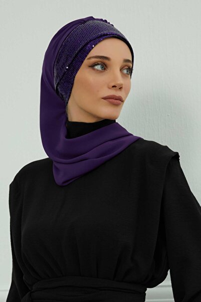 Ayşe Tasarım Chiffon Ready-To-Wear Turban with Scarf and Sequin Accessories, Ht-54P, Purple - Purple