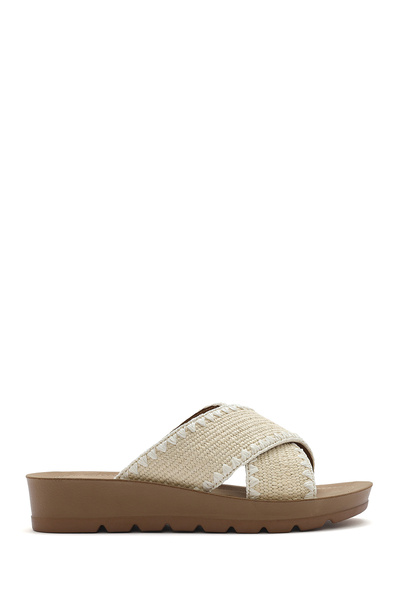Derimod Women's Beige Thick Soled Straw Slippers 25Sfe4639M7