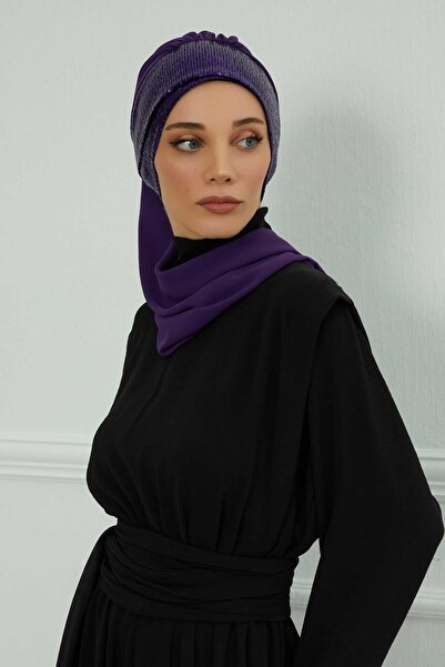 Ayşe Tasarım Chiffon Ready-To-Wear Turban with Scarf and Sequin Accessories, Ht-54P, Purple - Purple