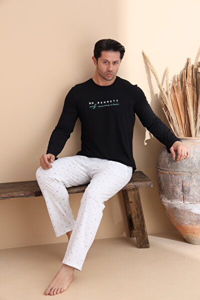 ELİTOL Чорний трикутний візерунок, довгі рукави, чоловічий піжамний комплект