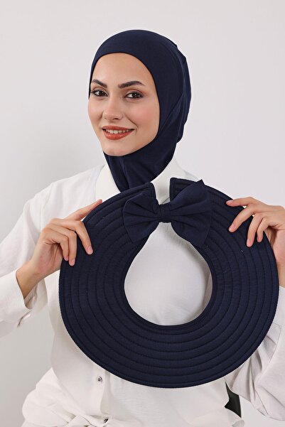 Aisha's Design Ninja Bone Turban with Detachable Bow on the Back, S-5, Navy Blue