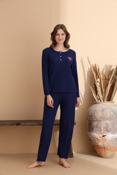 ELİTOL Lacivert Raporlu Waffle Örme Uzun Kol Kadın Pijama Takımı