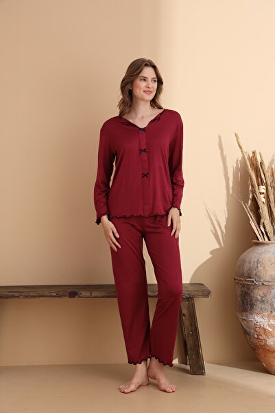ELİTOL Burgundy Milan Soft Knitted Lycra Long Sleeve Women's Pajama Set