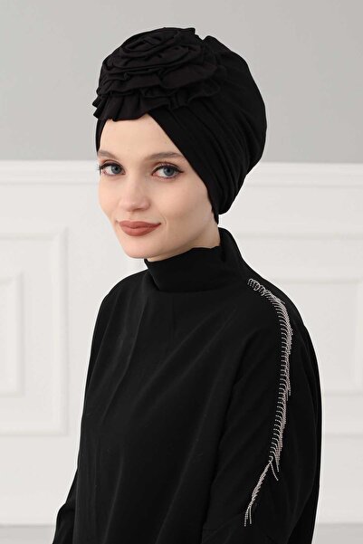 Aisha's Design Χτενισμένο βαμβακερό καπό με τριαντάφυλλα, B-21, Μαύρο