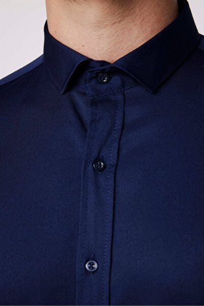 Tudors Slim Fit Uzun Kollu Likralı Düz Pamuk Saten Erkek Lacivert Gömlek