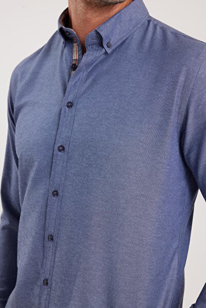 Tudors Erkek Slim Fit Dar Kesim Uzun Kollu Pamuklu Oxford Doku Lacivert Düğmeli Yaka Gömlek
