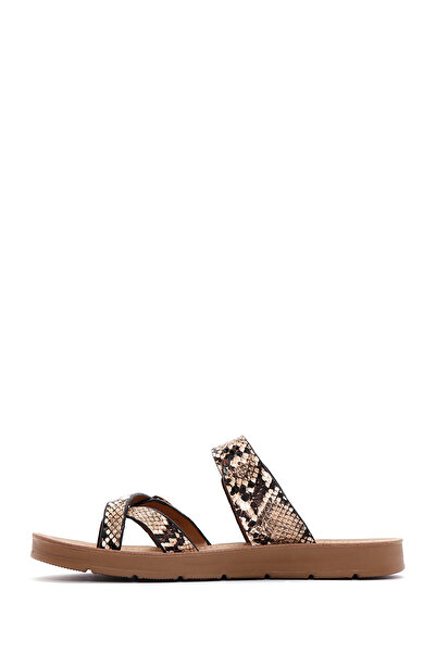 Derimod Women's Brown Double Buckle Patterned Slippers 25Sfe 460140