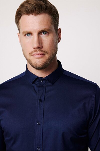 Tudors Slim Fit Uzun Kollu Likralı Düz Pamuk Saten Erkek Lacivert Gömlek