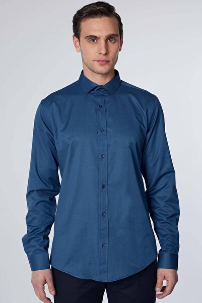 Tudors Тонкий приталений з довгим рукавом лайкра однотонний бавовняний атлас чоловічий синій Сорочка