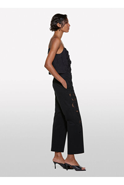 Sisley Women's Black Cotton Embroidered Hidden Zipper Relax Fit Trousers