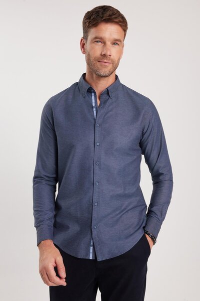 Tudors Чоловічі оксфордська текстура тонкий приталений гомлек з довгими рукавами, зручний в носінні синій комір на ґудзиках