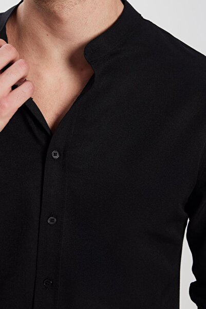 Tudors Erkek Slim Fit Dar Kesim Pamuklu Kolay Ütü Siyah Hakim Yaka Gömlek