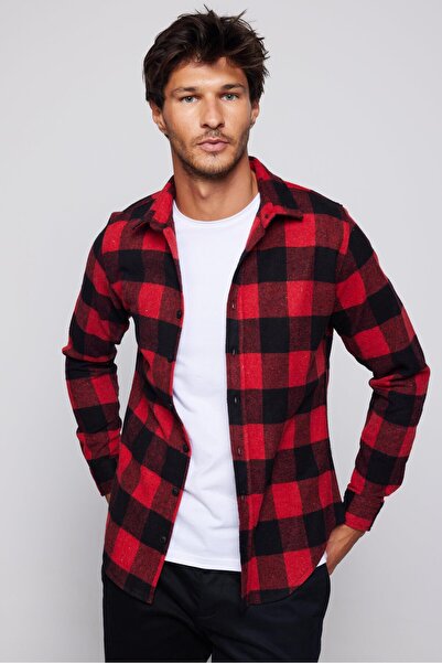 Tudors Erkek Slim Fit Dar Kesim Uzun Kollu Kareli Kışlık Oduncu Gömlek