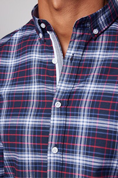 Tudors Erkek Slim Fit Dar Kesim Uzun Kollu Pamuklu Kolay Ütü Kareli Düğmeli Yaka Gömlek