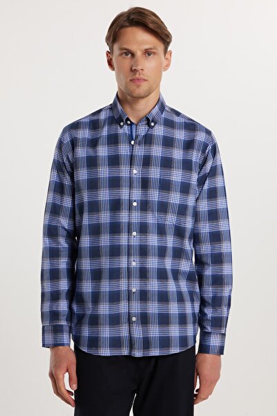 Tudors Erkek Regular Fit Klasik Kesim Ekoseli Biyeli Yaka Düğmeli Gömlek