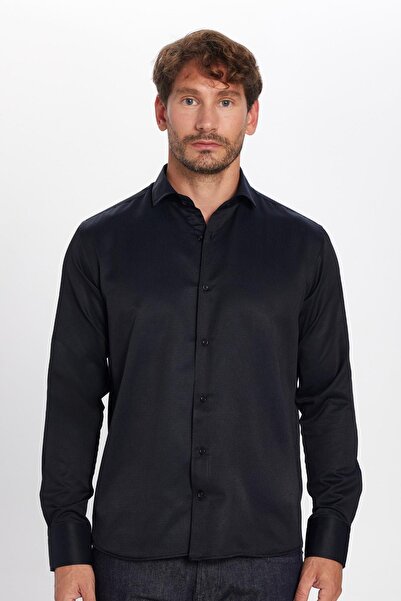 Tudors Erkek Regular Fit Klasik Kesim Pamuklu Kolay Ütü Armürlü Siyah Gömlek