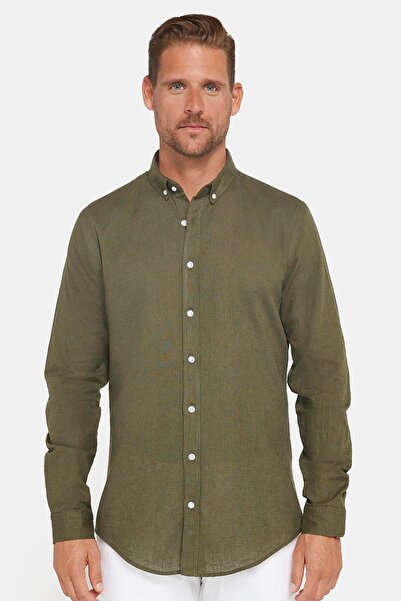 Tudors Men's Linen Premium Series - Slim Fit Khaki Sports Shirt, Long Sleeve and Button Collar