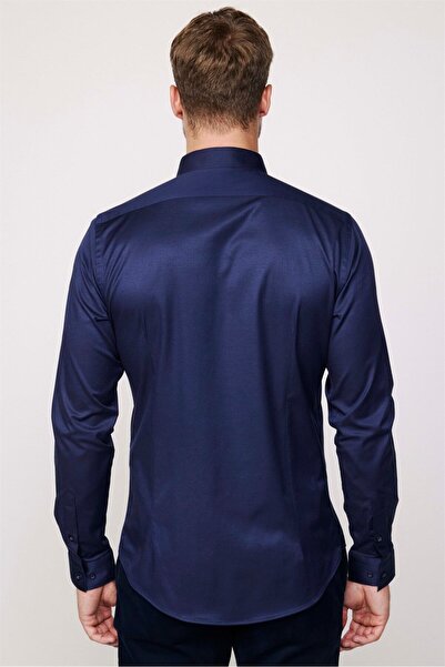 Tudors Slim Fit Uzun Kollu Likralı Düz Pamuk Saten Erkek Lacivert Gömlek