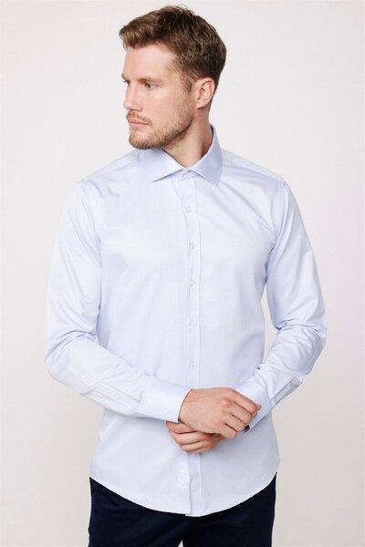 Tudors Erkek Modern Slim Fit Düz Saten Pamuklu Mavi Gömlek