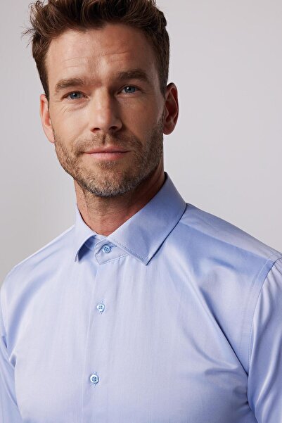 Tudors Slim Fit Uzun Kollu Pamuklu Düz Erkek İndigo Gömlek