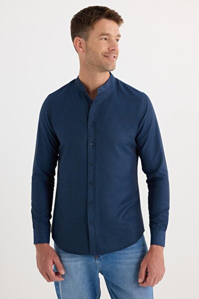 Tudors Erkek Slim Fit Dar Kesim Pamuklu Kolay Ütü Lacivert Hakim Yaka Gömlek