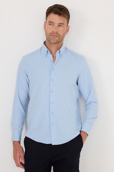 Tudors Regular Fit Düğmeli Yaka Pamuklu Kolay Ütü Oxford Düz Erkek Mavi Gömlek