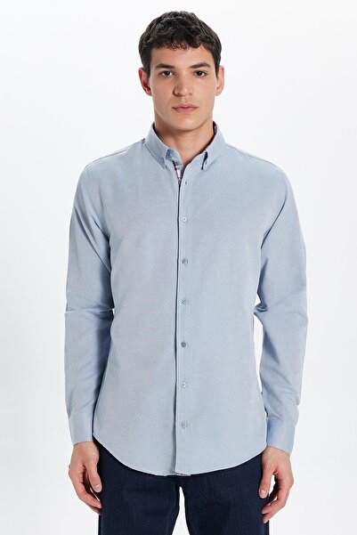 Tudors Erkek Slim Fit Dar Kesim Uzun Kollu Pamuklu Oxford Doku Kolay Ütülenebilir  Mavi Düğmeli Yaka Gömlek