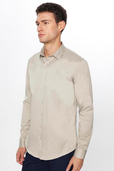 Tudors Erkek Slim Fit Dar Kesim Uzun Kollu Pamuklu Saten Taş Renk Gömlek