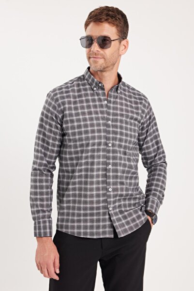 Tudors Erkek Regular Fit Klasik Kesim Düğmeli Yaka Küçük Kareli Pamuklu Gömlek